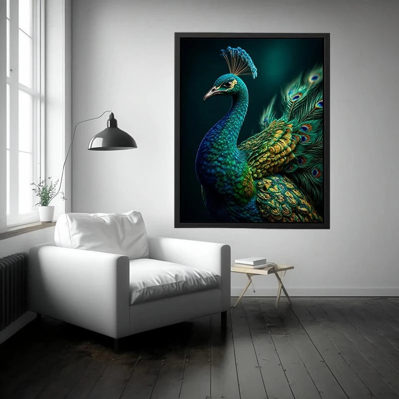 Elegant emerald peacock portrait with detailed iridescent feathers and jewel toned plumage