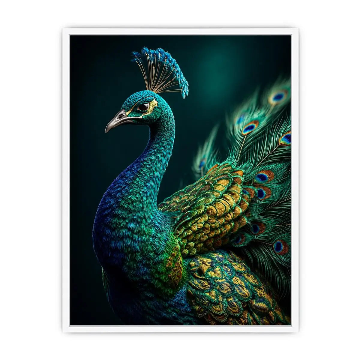 Elegant emerald peacock portrait with detailed iridescent feathers and jewel toned plumage