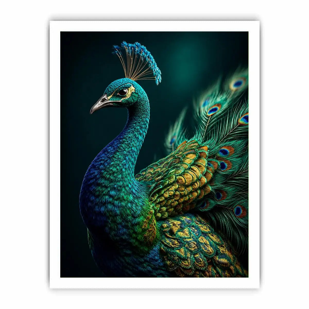 Elegant emerald peacock portrait with detailed iridescent feathers and jewel toned plumage