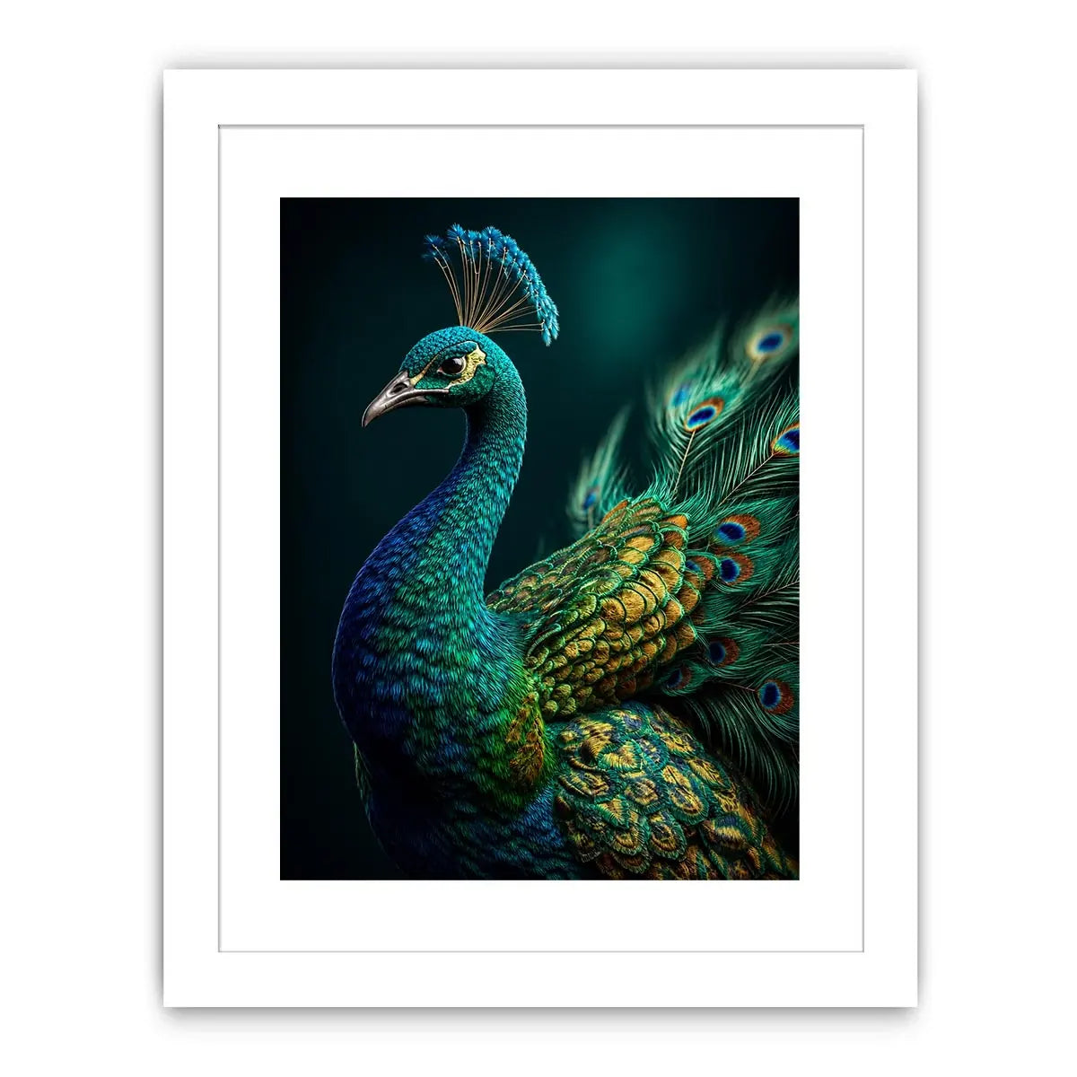 Elegant emerald peacock portrait with detailed iridescent feathers and jewel toned plumage