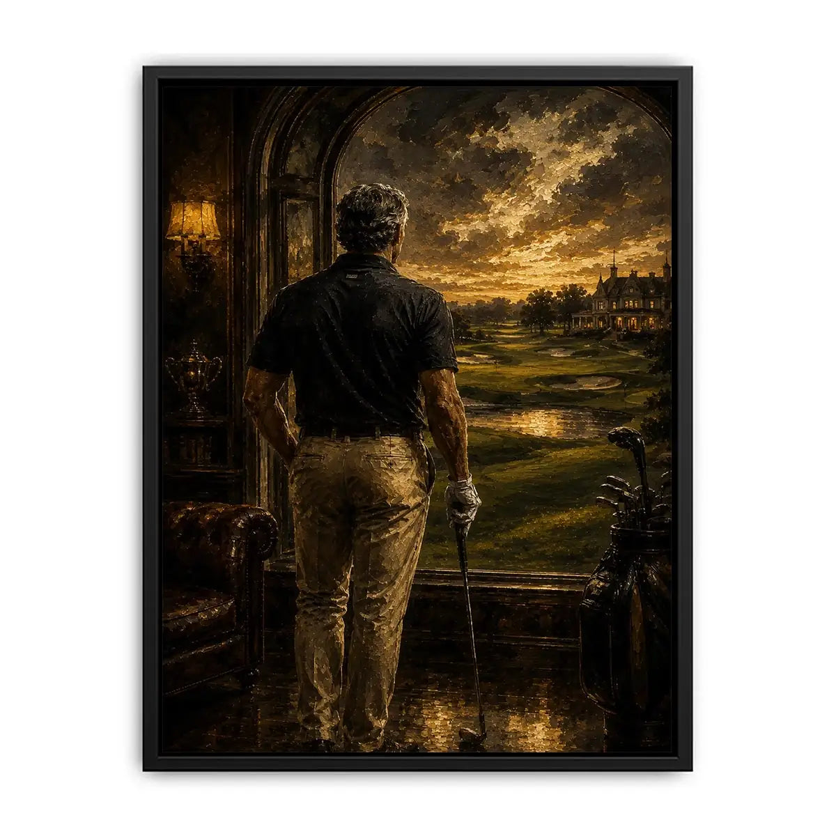 Golfer standing inside a luxury estate overlooking a dramatic twilight golf course