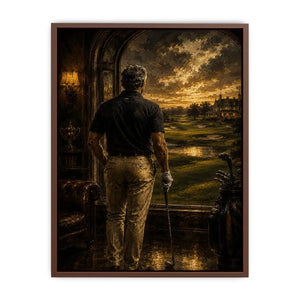 Golfer standing inside a luxury estate overlooking a dramatic twilight golf course
