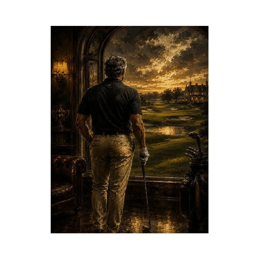 Golfer standing inside a luxury estate overlooking a dramatic twilight golf course