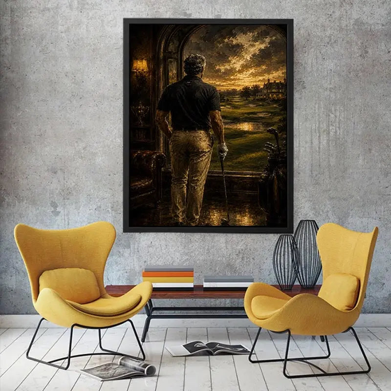 Golfer standing inside a luxury estate overlooking a dramatic twilight golf course