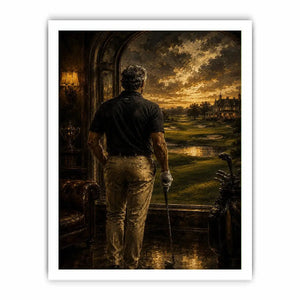Golfer standing inside a luxury estate overlooking a dramatic twilight golf course