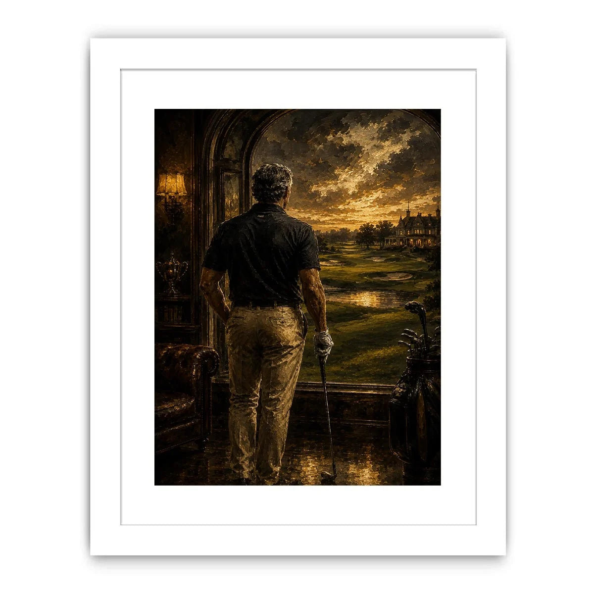Golfer standing inside a luxury estate overlooking a dramatic twilight golf course