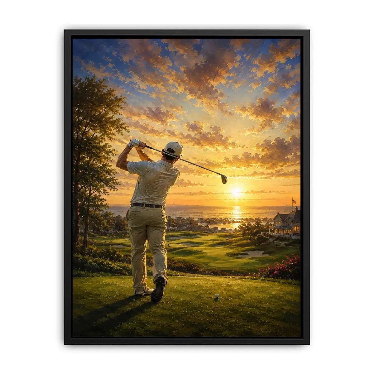 Golfer swinging on a coastal fairway during a glowing golden sunrise