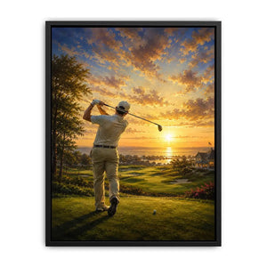 Golfer swinging on a coastal fairway during a glowing golden sunrise