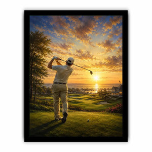 Golfer swinging on a coastal fairway during a glowing golden sunrise