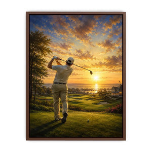 Golfer swinging on a coastal fairway during a glowing golden sunrise