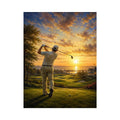 Golfer swinging on a coastal fairway during a glowing golden sunrise