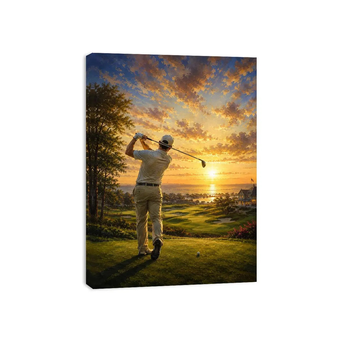 Golfer swinging on a coastal fairway during a glowing golden sunrise