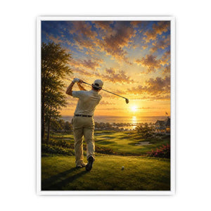 Golfer swinging on a coastal fairway during a glowing golden sunrise