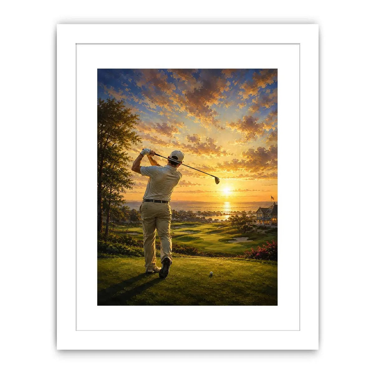 Golfer swinging on a coastal fairway during a glowing golden sunrise