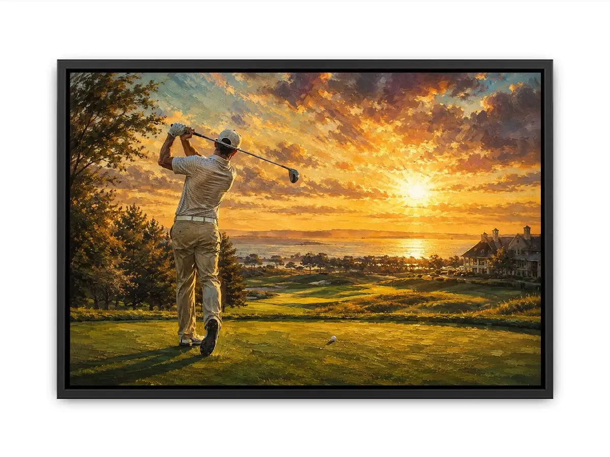 golf course scene with golfer driving beneath radiant golden sunlight