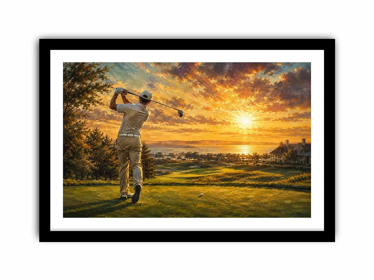 golf course scene with golfer driving beneath radiant golden sunlight