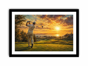golf course scene with golfer driving beneath radiant golden sunlight