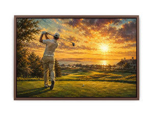 golf course scene with golfer driving beneath radiant golden sunlight