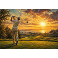 golf course scene with golfer driving beneath radiant golden sunlight