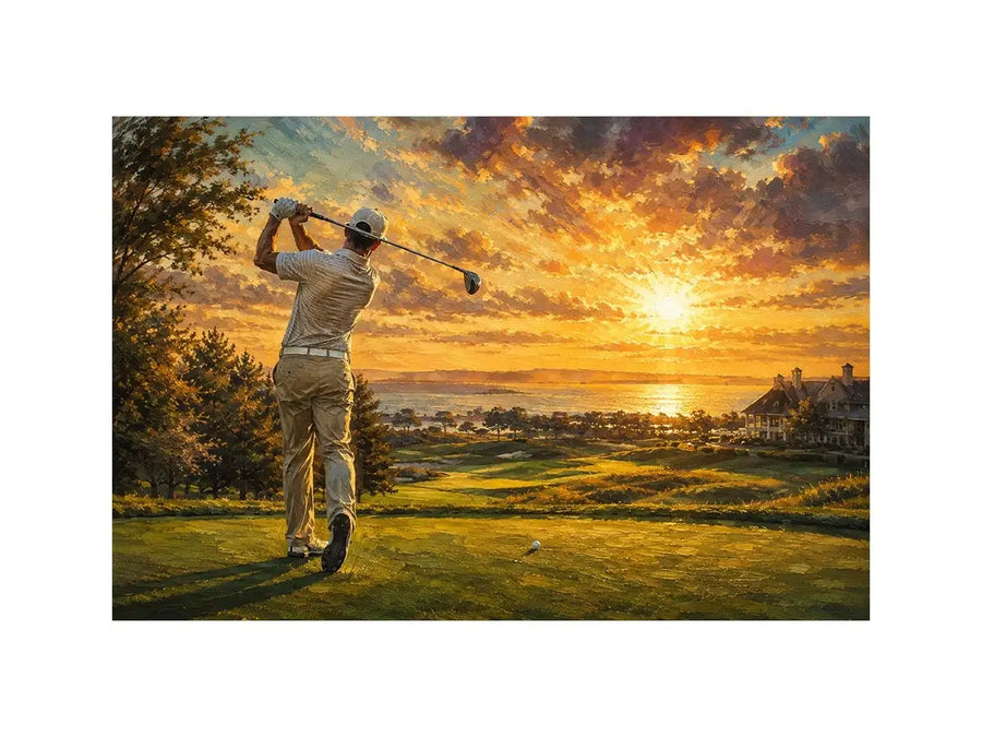 golf course scene with golfer driving beneath radiant golden sunlight