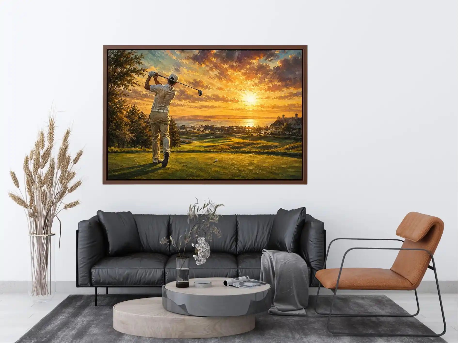 golf course scene with golfer driving beneath radiant golden sunlight