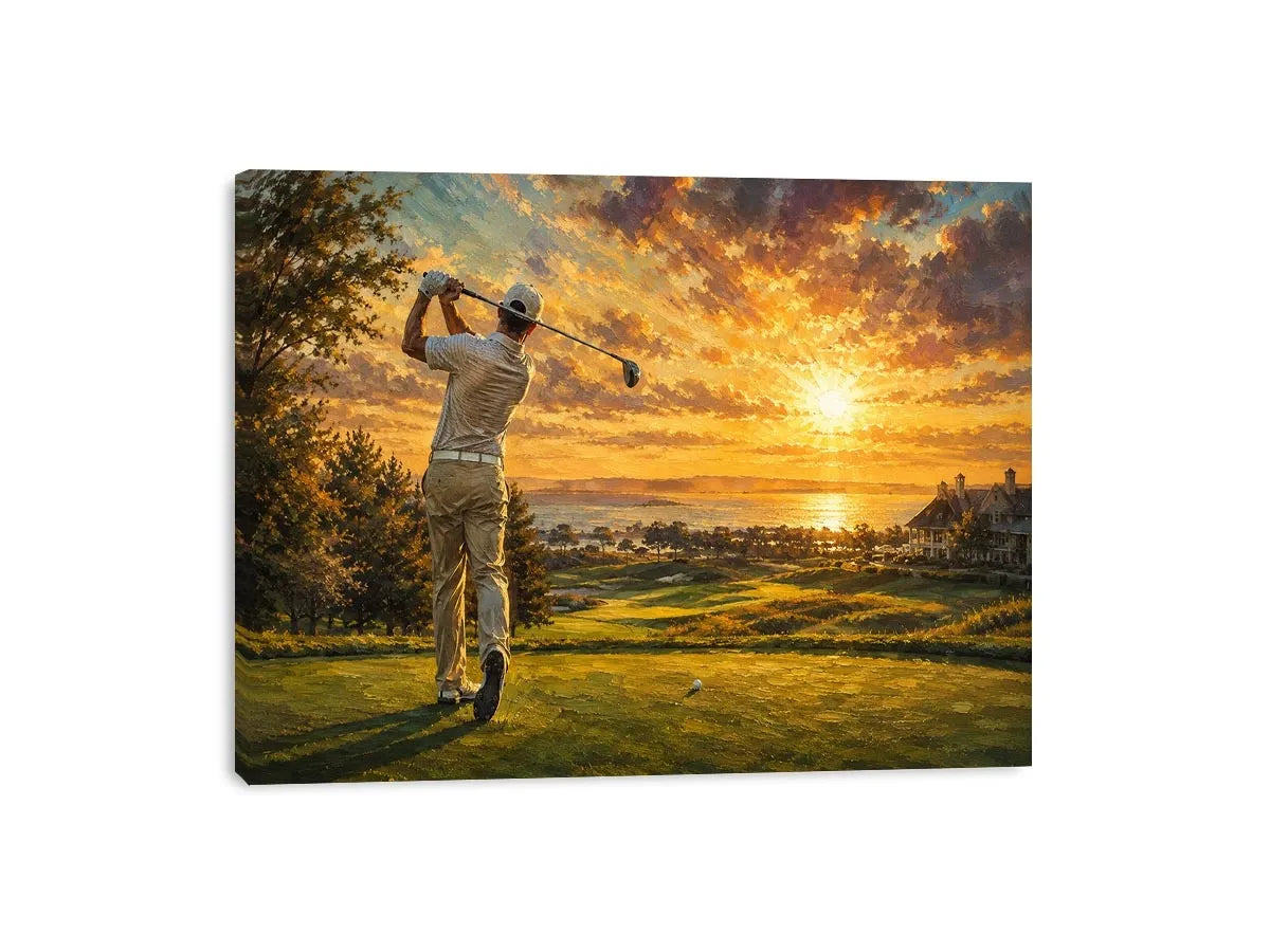 golf course scene with golfer driving beneath radiant golden sunlight