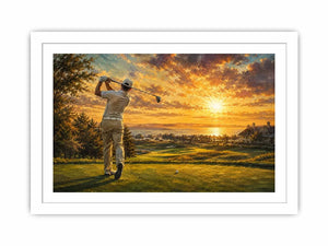 golf course scene with golfer driving beneath radiant golden sunlight