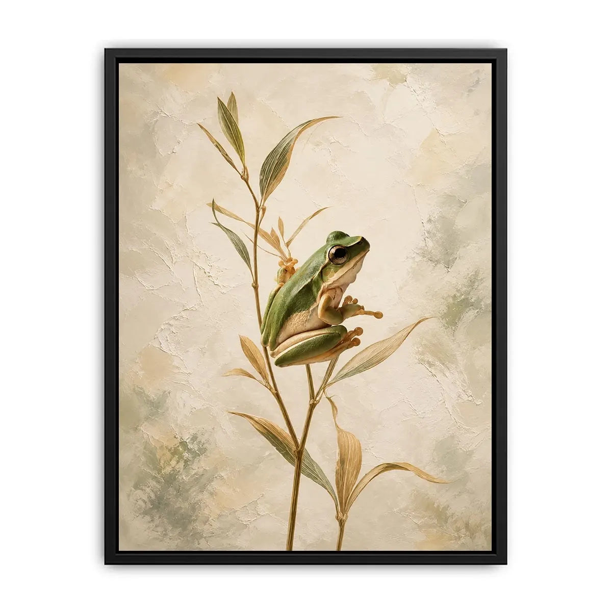 Minimalist botanical artwork featuring a delicate tree frog perched on soft natural stems