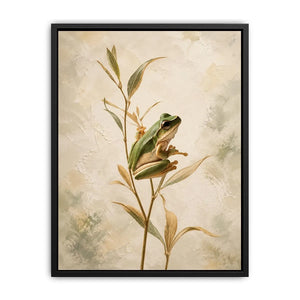 Minimalist botanical artwork featuring a delicate tree frog perched on soft natural stems