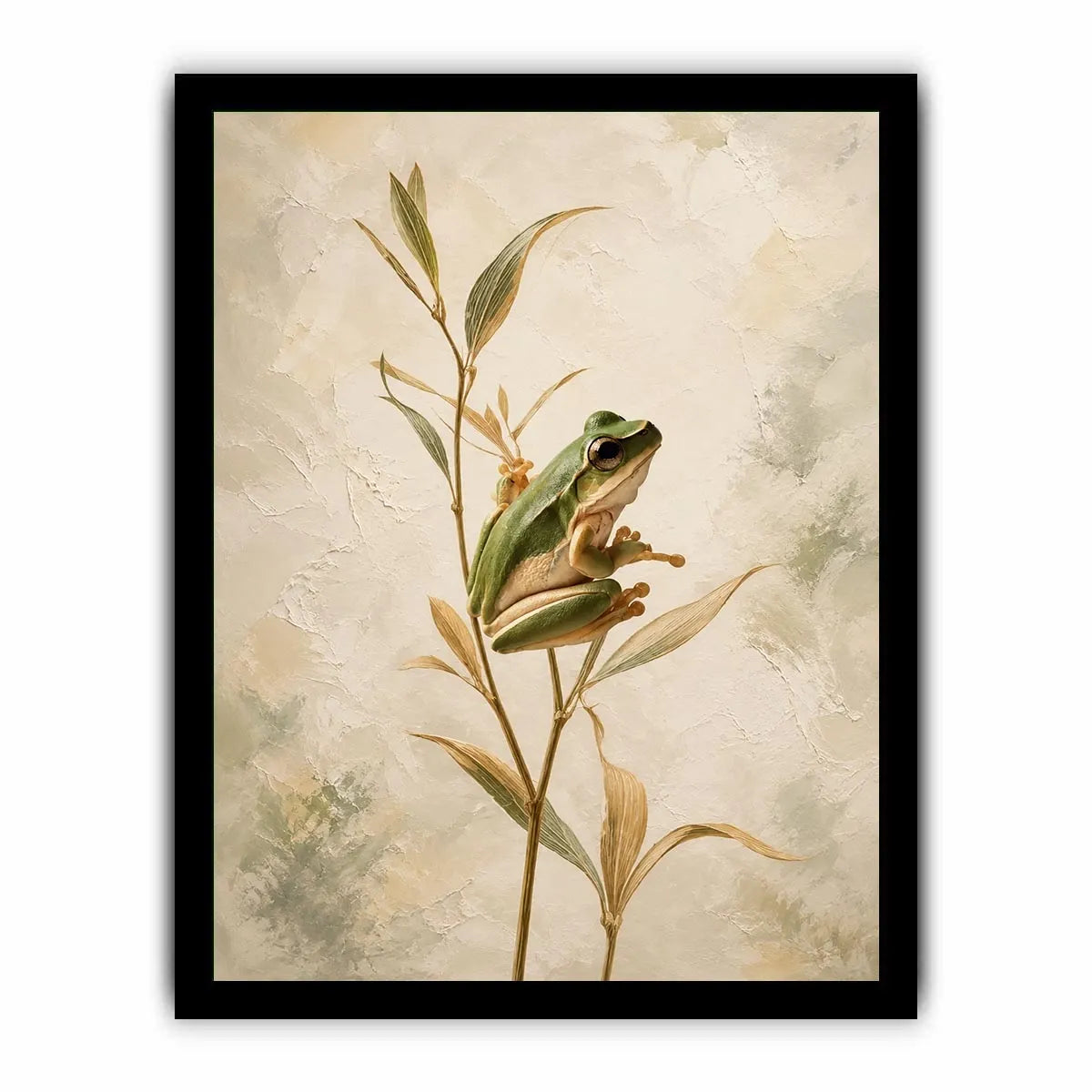 Minimalist botanical artwork featuring a delicate tree frog perched on soft natural stems