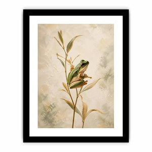 Minimalist botanical artwork featuring a delicate tree frog perched on soft natural stems