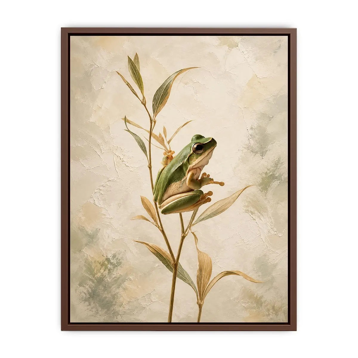 Minimalist botanical artwork featuring a delicate tree frog perched on soft natural stems