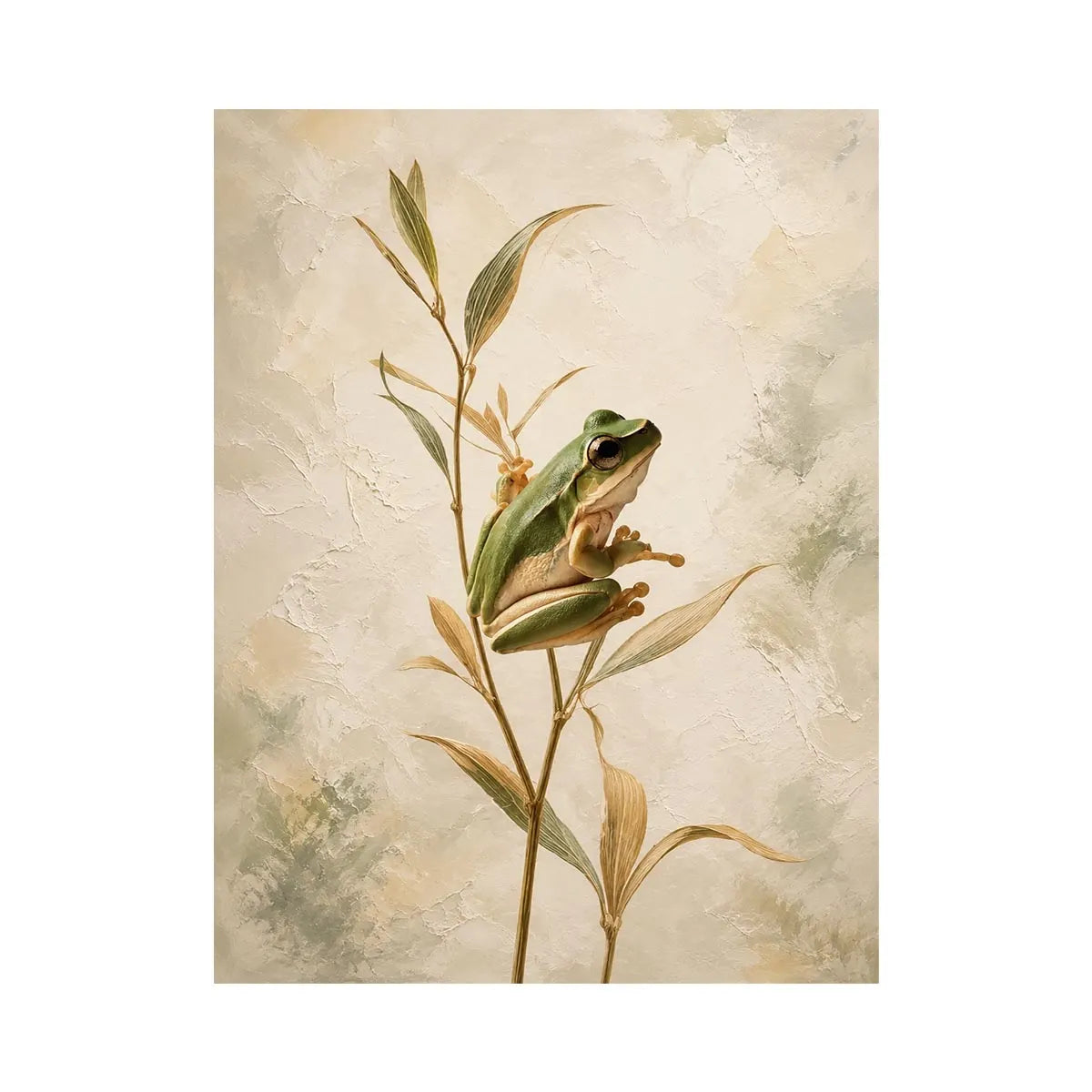 Minimalist botanical artwork featuring a delicate tree frog perched on soft natural stems