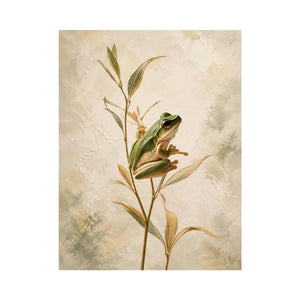 Minimalist botanical artwork featuring a delicate tree frog perched on soft natural stems