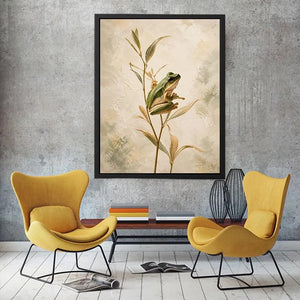 Minimalist botanical artwork featuring a delicate tree frog perched on soft natural stems