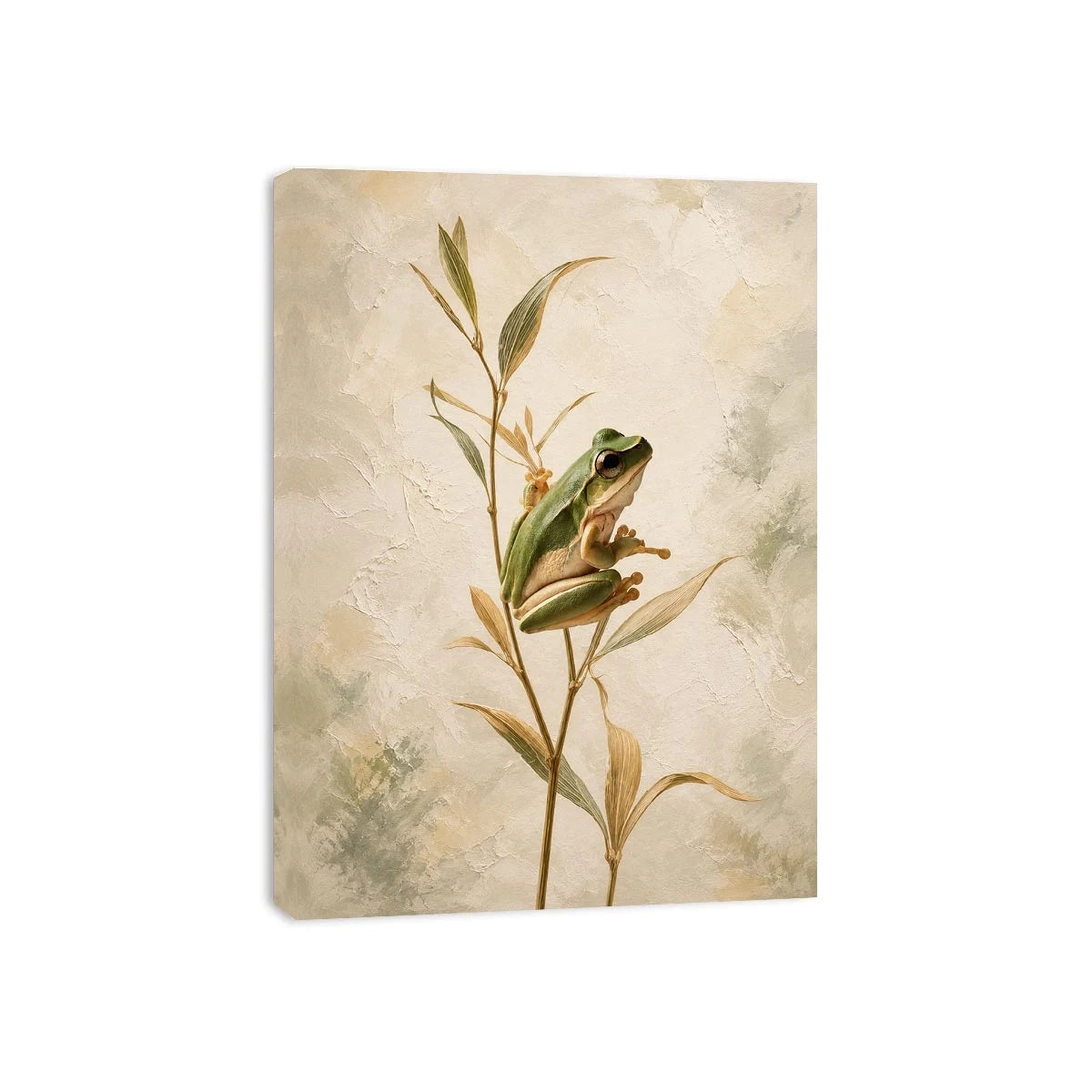Minimalist botanical artwork featuring a delicate tree frog perched on soft natural stems