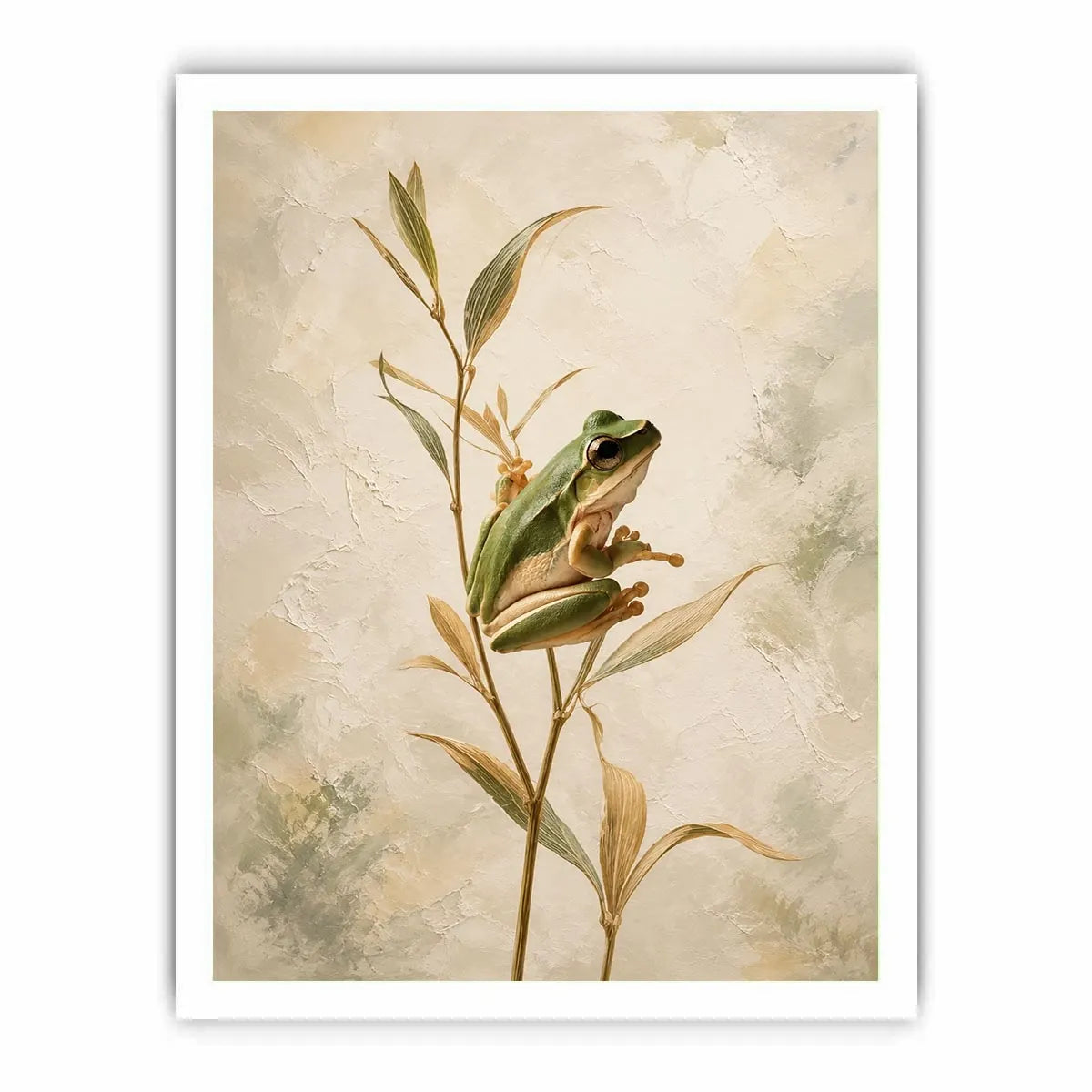 Minimalist botanical artwork featuring a delicate tree frog perched on soft natural stems