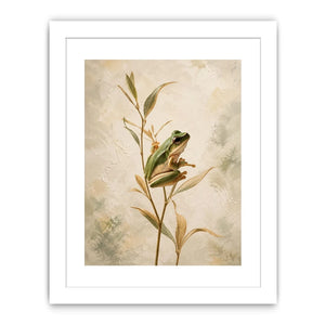 Minimalist botanical artwork featuring a delicate tree frog perched on soft natural stems