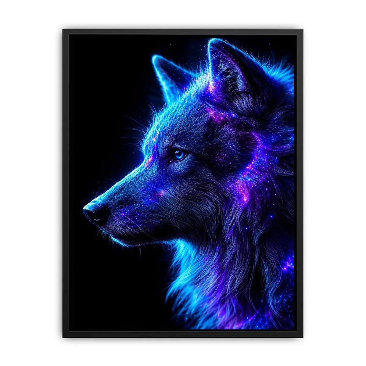 Neon cosmic wolf profile in blue and purple neon canvas art for modern luxury wall decor