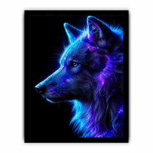 Neon cosmic wolf profile in blue and purple neon canvas art for modern luxury wall decor