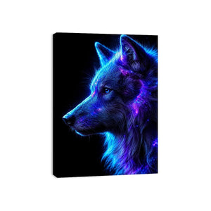 Neon cosmic wolf profile in blue and purple neon canvas art for modern luxury wall decor
