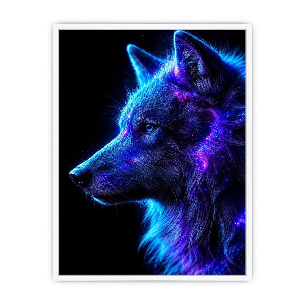 Neon cosmic wolf profile in blue and purple neon canvas art for modern luxury wall decor