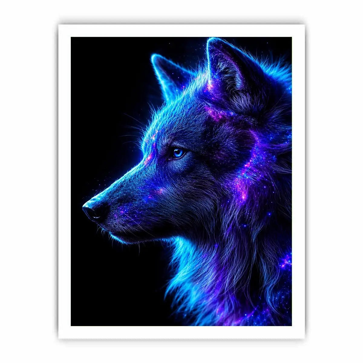 Neon cosmic wolf profile in blue and purple neon canvas art for modern luxury wall decor