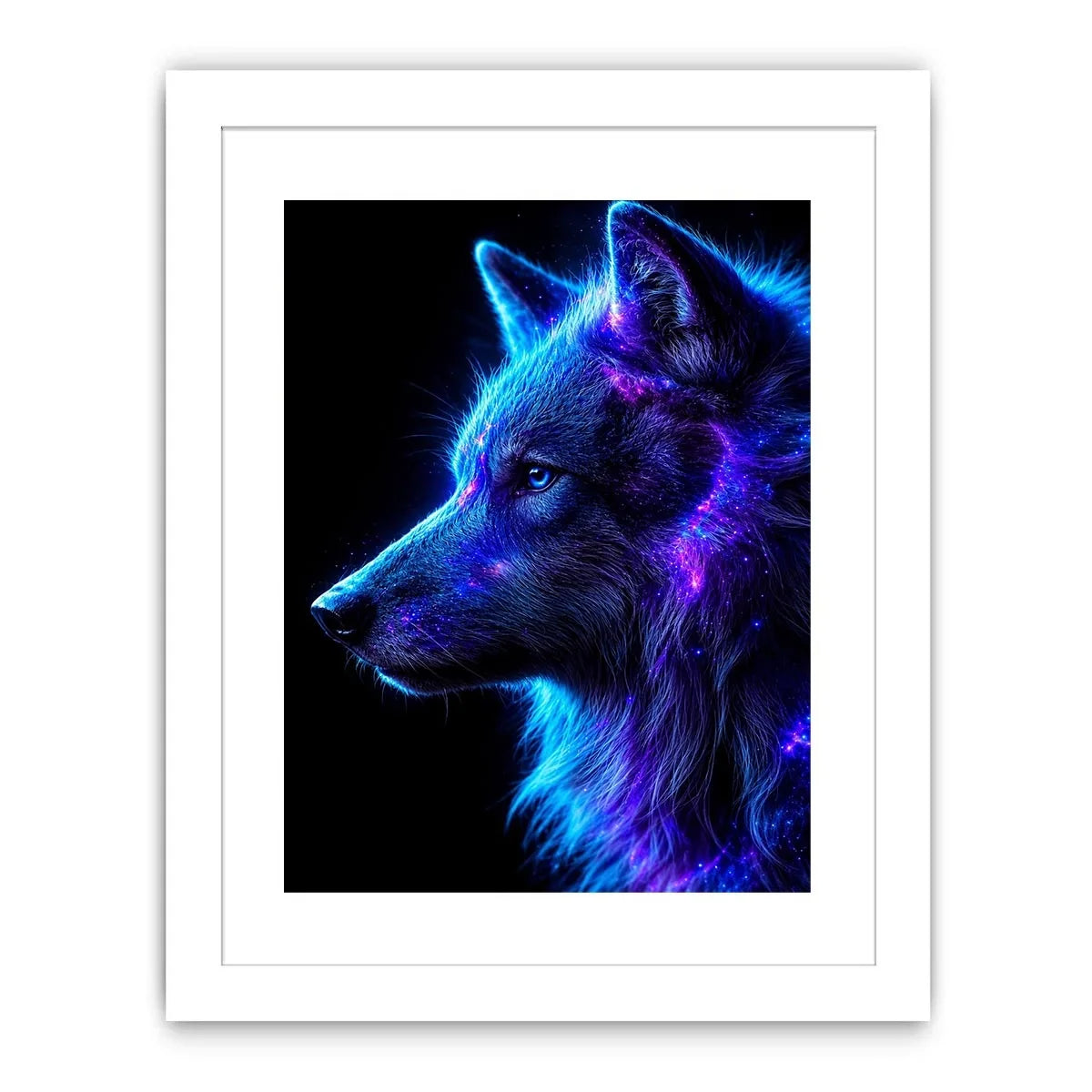 Neon cosmic wolf profile in blue and purple neon canvas art for modern luxury wall decor
