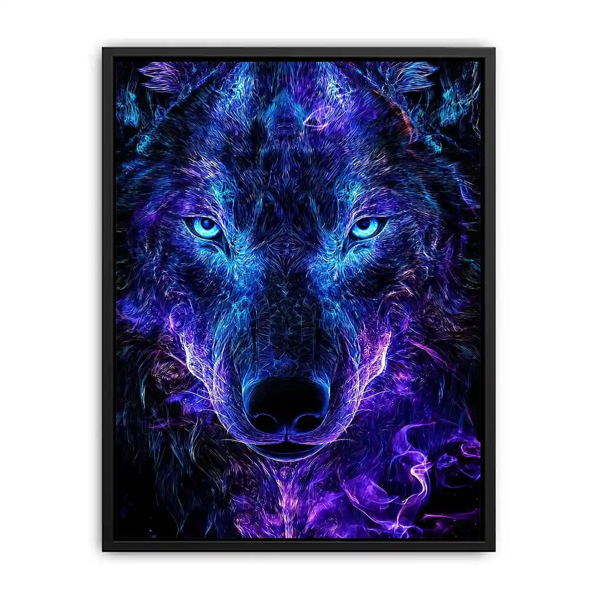 Glowing frontal wolf portrait with electric neon energy neon canvas art for modern luxury wall decor