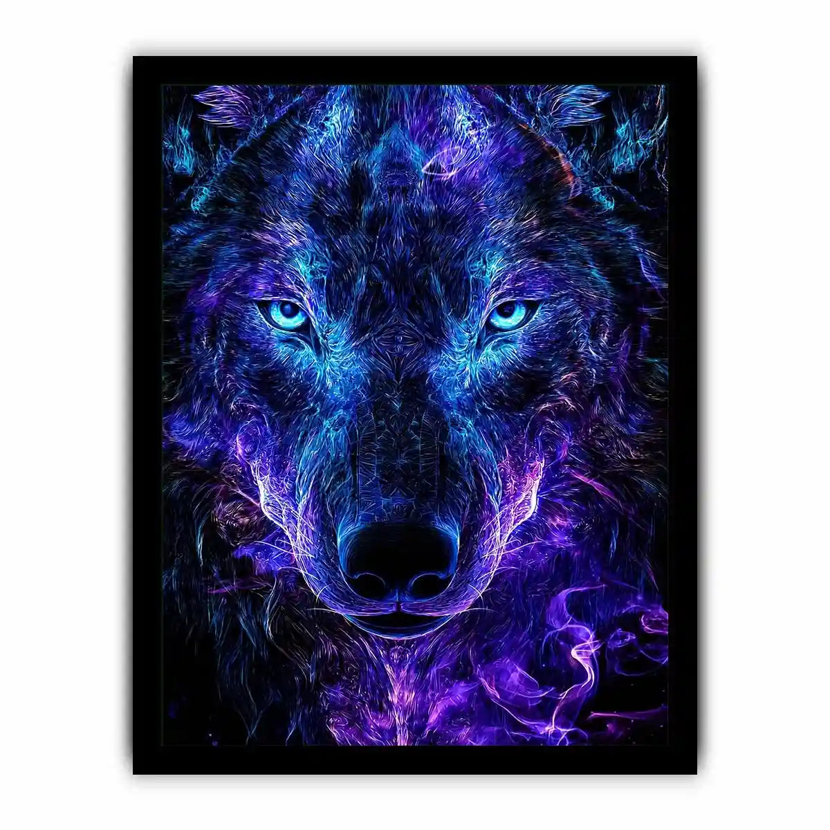 Glowing frontal wolf portrait with electric neon energy neon canvas art for modern luxury wall decor