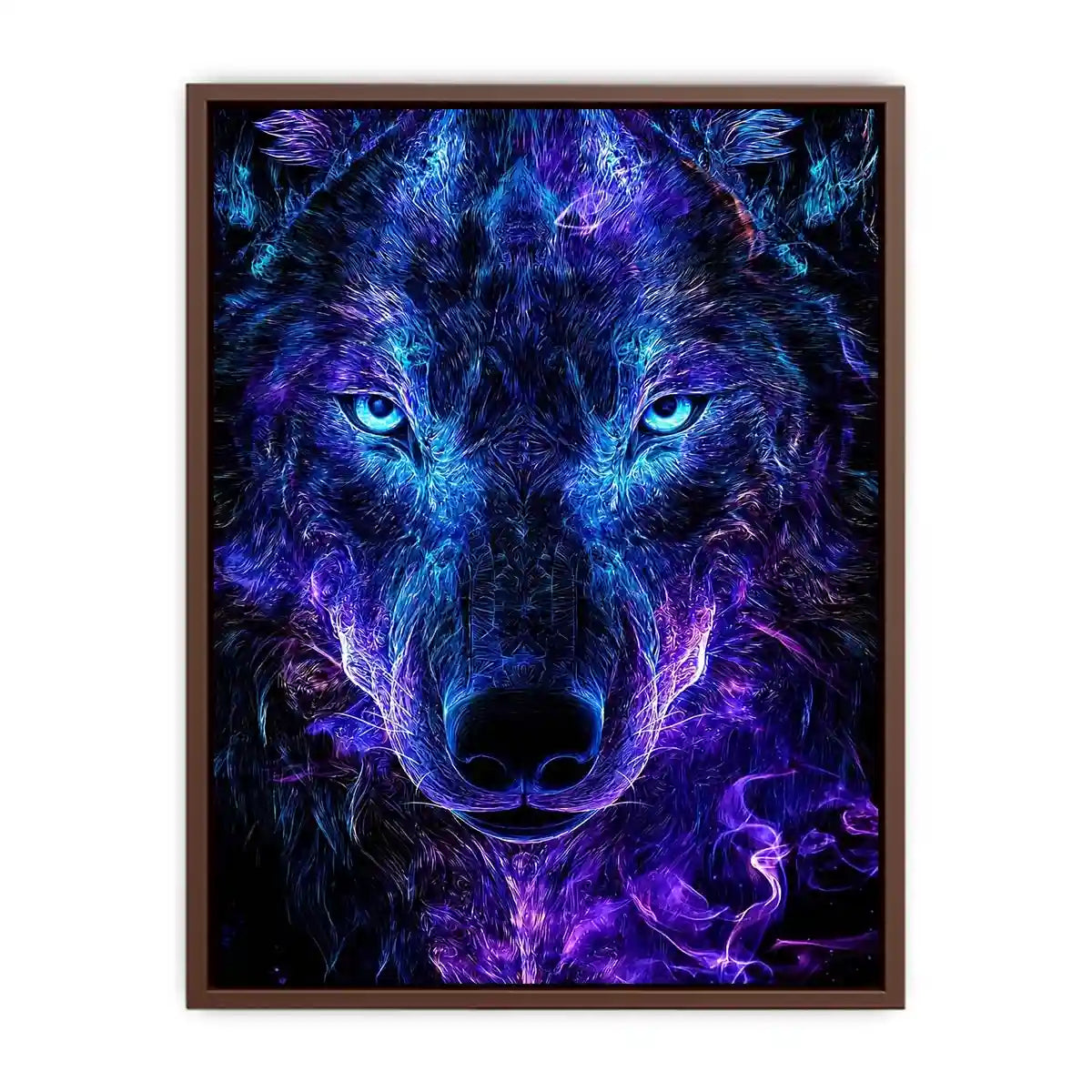 Glowing frontal wolf portrait with electric neon energy neon canvas art for modern luxury wall decor