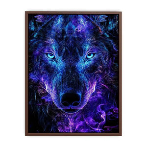 Glowing frontal wolf portrait with electric neon energy neon canvas art for modern luxury wall decor