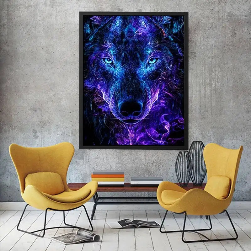 Glowing frontal wolf portrait with electric neon energy neon canvas art for modern luxury wall decor