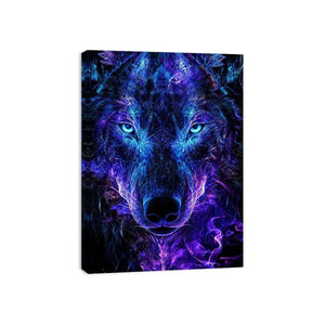 Glowing frontal wolf portrait with electric neon energy neon canvas art for modern luxury wall decor